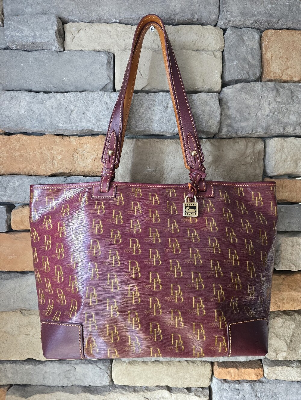 DOONEY & BOURKE Burgundy and Gold DB Monogram Tote Coated Canvas Leather Accents